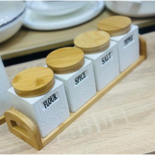 Generic Service à épices  5 pièces en porcelaines avec couvercles hermétiques résistants avec leur support en bambou - image 2