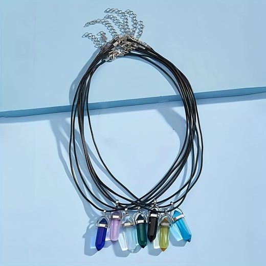Generic 7 pièces Colliers Pendentif En Cristal Naturel Colonne Hexagonale à Double Pointe avec Corde Multicouleurs Unisex - image 4