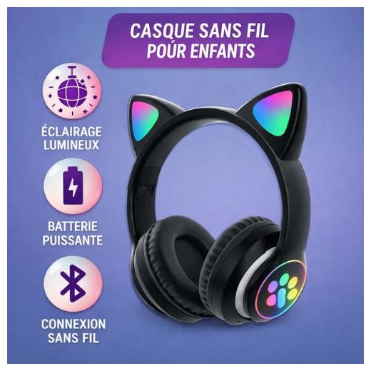 Generic Casque Audio Sans Fil Bluetooth – Design Oreilles LED – Micro Intégré – Noir - image 2