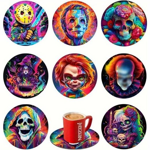Ensemble de 8 sous-verres de films d'horreur - Sous-verres ronds en bois colorés avec des personnages emblématiques de films d'horreur (Jason Voorhees, Freddy Krueger, Michael Myers, Hannibal Lecter) - Décoration d'intérieur effrayante pour Halloween