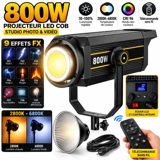 Generic Projecteur LED COB Studio 800W, Éclairage Professionnel Photo et Vidéo, Bi-Color 2800K-6800K, CRI 96, 9 Effets FX, Luminosité Réglable 10-100%, Télécommande Sans Fil, Écran LCD, Monture pour Réflecteur - image 2