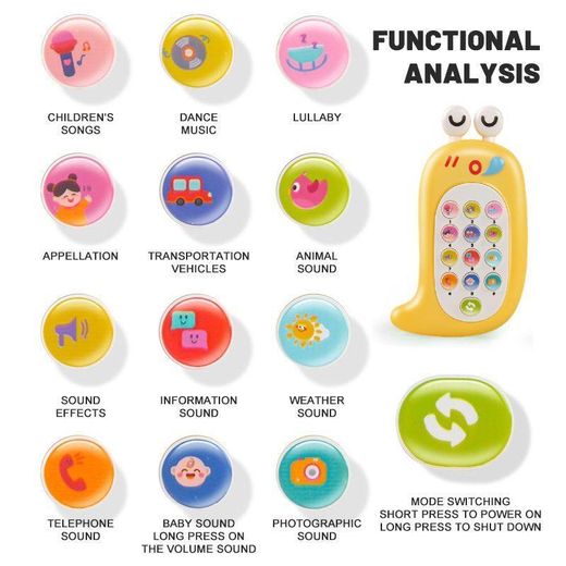 Aiyingle Téléphone musical éducatif en forme d’escargot pour bébé, jouet interactif avec sons et lumières, touches d’apprentissage chiffres animaux météo véhicules, berceuses et musiques, jeu d’imitation, motricité fine, changement de mode, 12,5 cm, dès 10 mois - image 4