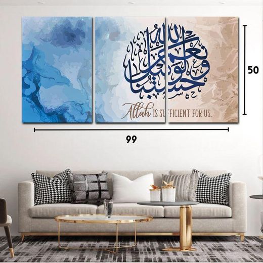 Generic Tableau calligraphie arabe moderne 3 pièces abstrait bleu et beige décoration murale salon - image 2