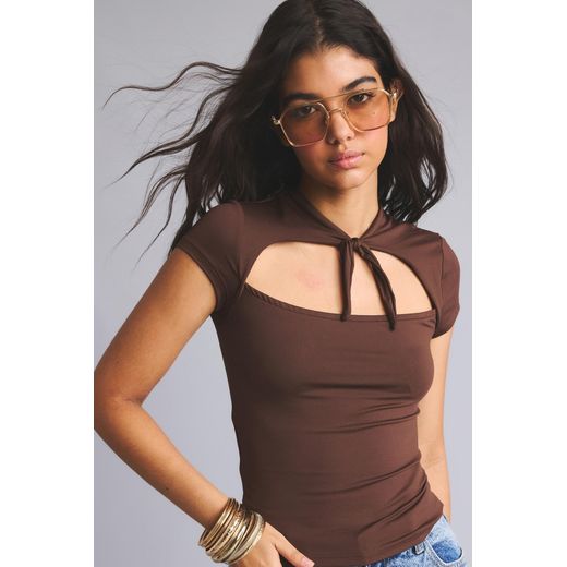 Defacto T-shirt marron ajusté à col montant et manches courtes