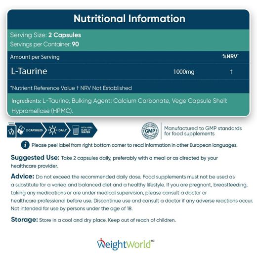 WeightWorld L-Taurine 1000mg - Ideal to support an active lifestyle - 180 Capsule - image 4