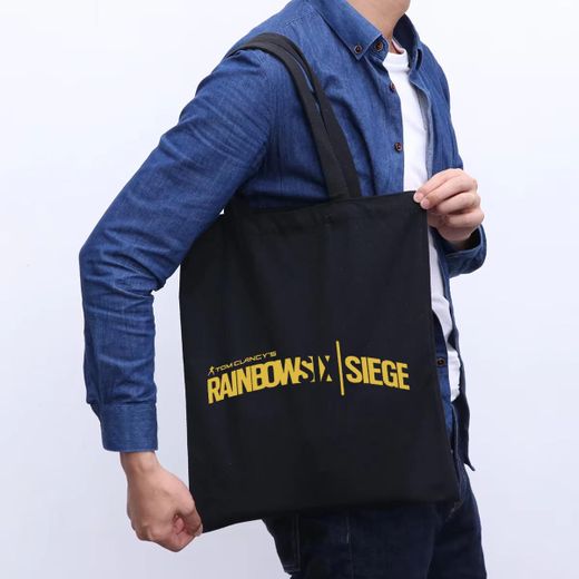 1 Sac Fourre-Tout Imprimé Tom Clancy's Rainbow Six Siege - Polyester Résistant, Grande Capacité Unisexe pour Plage, Camping et Cadeaux, Noir avec Logo Jaune Vif, Lavable à la Main