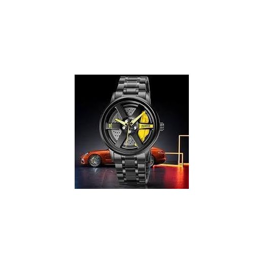 Luxory Montre Homme Sport Design Jante de Voiture Étriers Jaunes - Noir - image 2