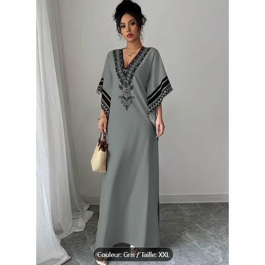 Generic Robe Kaftan Turque Élégante à Imprimé Paisley pour Femmes avec Col en V et Manches Trois-Quarts - image 3