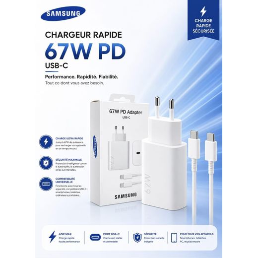 Samsung Chargeur Rapide Top Qualité Adaptateur pour Android et iPhone 67W PD avec Cable de Charge USB C To USB C شاحن سريع لهواتف أندرويد و أيفون 67 واط بجودة عالية مع كابل شحن - image 3