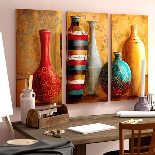 Set de 3 Tableaux Décoratifs Vases Colorés – Triptyque sur Toile Style Vintage pour Salon