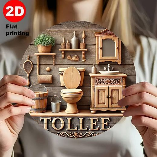 Generic 2D Plaque en bois ronde décorative pour salle de bain, thème bois rural, avec image de baignoire, toilettes et lavabo - Murale durable et facile à nettoyer, adaptée pour la maison, le café, la cuisine, le bar, le garage, la salle de bain, la décoration e - image 3