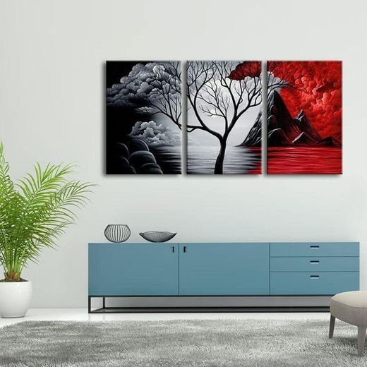 Generic Tableau Triptyque Arbre – Set de 3 Toiles Murales Décoratives Noir Blanc Rouge pour Salon - image 2