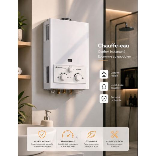 Leon Automatique Chauffe-eau à gaz, Instatantané, Sécurisé 6L/min