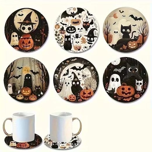 Generic 6pcs Halloween Ensemble de sous-verres en bois, Protecteur de table surnaturel avec fantômes, citrouilles et chats noirs, Convient pour offrir