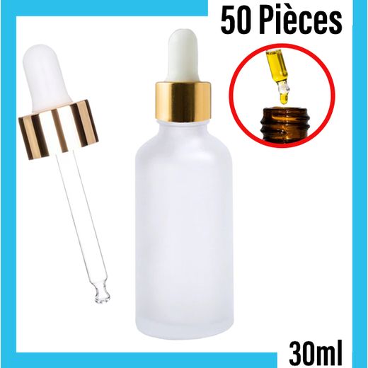 Generic Lot de 50 Pipettes compte-gouttes en verre Blanc Cap Dorée 30ml pour cosmétique