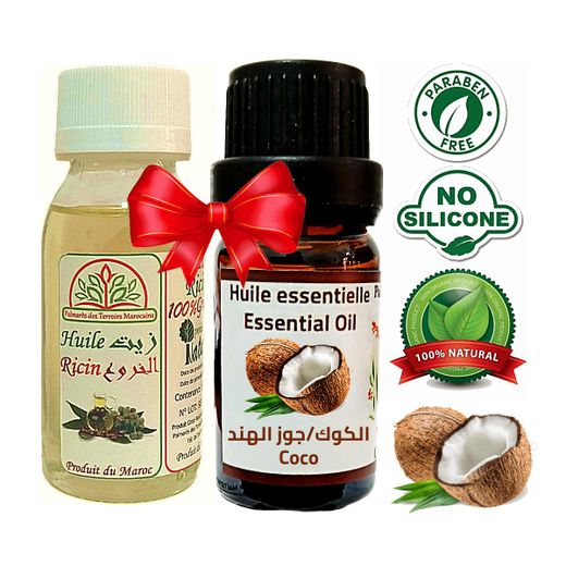 Palmarès des terroirs Marocains Huile Essentielle Noix coco 10 ml - Parfum Sucré et Gourmand Essence fragrance 100% naturelle + Huile de Ricin 100% Naturel 60ml