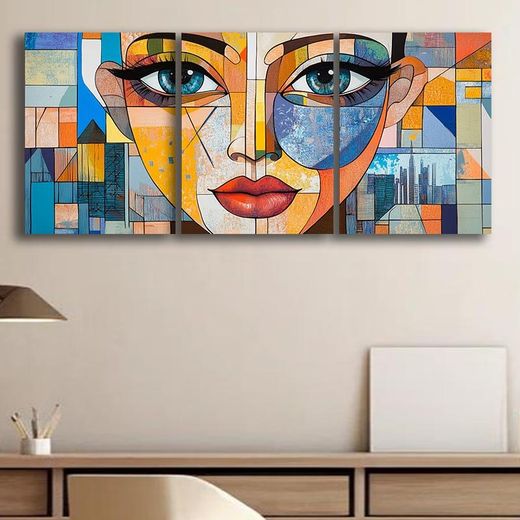 Generic Tableau Mural Art Abstrait Cubiste Visage de Femme Yeux Bleus et Motifs Géométriques Triptyque 3 Pièces 60 x 40 cm - Toile Canvas HD sur Châssis Bois - image 3