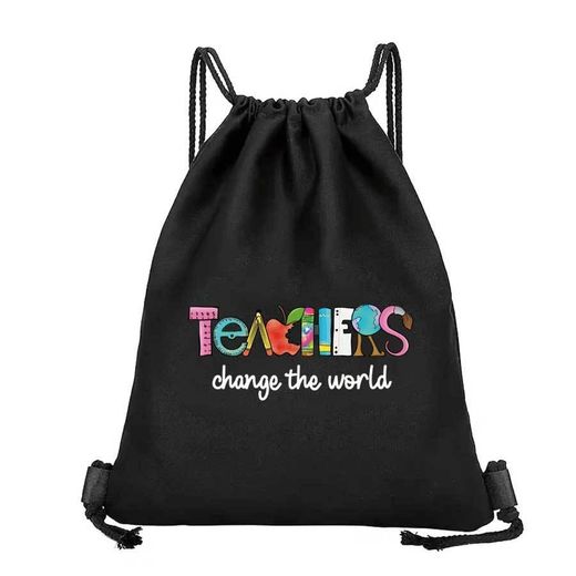 Generic 1pc Sac à cordon noir avec motif imprimé pour enseignant - Organisateur doux et portable avec design "TEACHERS Change the World", idéal pour les vacances, le fitness, les achats, le sport, le yoga - Super cadeau de printemps et d'été