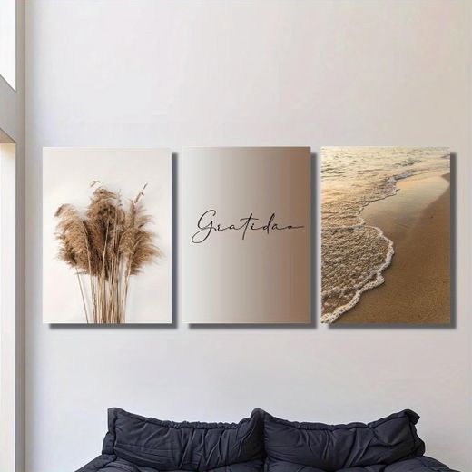 Generic Tableau Mural Art Minimaliste & Boho Herbe de Pampas, Calligraphie "Gratidao" et Vagues du Ciel de Plage Sable Beige et Marron Glacé 3 Pièces 60 x 40 cm - Toile Canvas HD - Style Minimalist Bohemian & Coastal Aesthetic - Décoration Salon Chambre Bureau - image 3