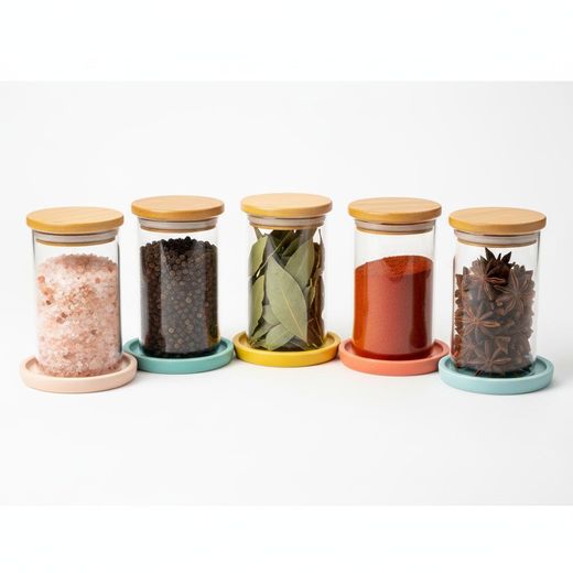 Generic Lot de 5 Pots à Épices en Verre avec Couvercle Hermétique – Bocaux de Rangement Décoratifs pour Cuisine (Flocons d'Avoine, Sucre, Café) - image 3