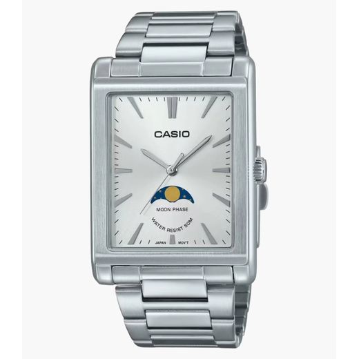 Casio Cadran blanc avec indicateur de phase de lune - Tout en acier inoxydable