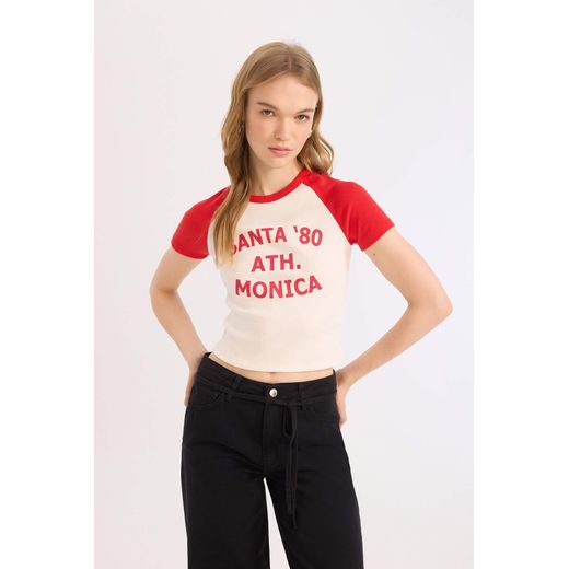 Defacto T-shirt slim en maille côtelée à col rond avec imprimé - image 3