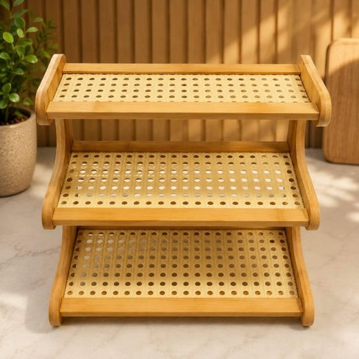 Étagère d'Angle en Bambou et Cannage 3 Niveaux - Organiseur de Rangement Cuisine et Salle de Bain