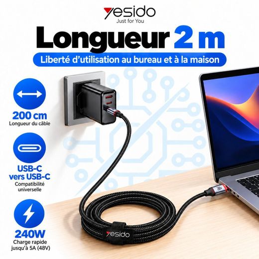 Yesido كابل USB-C إلى USB-C بقوة 240 واط – شحن سريع حتى 5A – طول 2 متر – كابل مضفر مقاوم – نقل البيانات - image 2