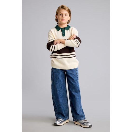 Defacto Pull en tricot à col polo rayé avec motif ourson pour garçon oversize - image 2