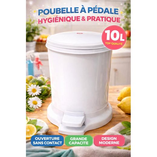 Saga Poubelle à Pédale 10L – Grande Capacité, Hygiénique et Design Moderne pour Cuisine, Salle de Bain et Bureau