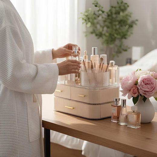 Generic Organisateur de Maquillage de Luxe - Boîte de Rangement Cosmétique Multi-Niveaux avec Tiroirs & Poignées Dorées, Organisateur Acrylique Multifonctionnelle avec support pinceaux rotatif 360°. - image 2
