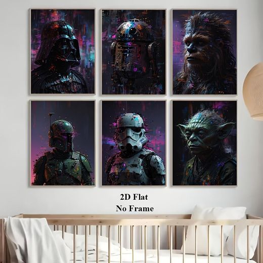 6pcs Affiche de poster A5 de film Star Wars sans cadre - Art abstrait graffiti avec Boba Fett, Yoda, R2-D2, Chewbacca, Darth Vader, Stor