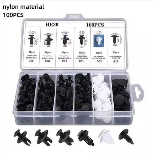Generic Boîte de 100 Attaches et Clips Auto Universels – 6 Modèles de Rivets en Plastique pour Fixation de Carrosserie