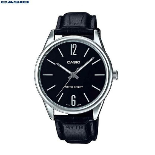 Casio ساعة رجالية فاخرة ، مقاومة للماء ، مينا سوداء ، حزام جلدي - mtp-v005l-1budf