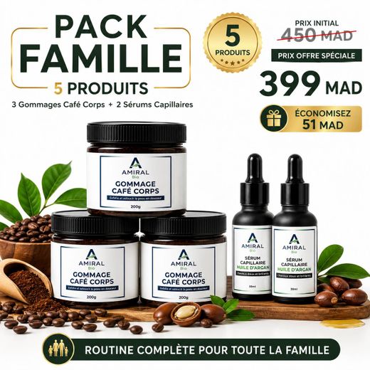 AMIRAL Bio Pack Famille – 5 Produits (3 Gommages Café Corps 200g + 2 Sérums Capillaires 30ml) – Offre Économique – Fabriqué au Maroc