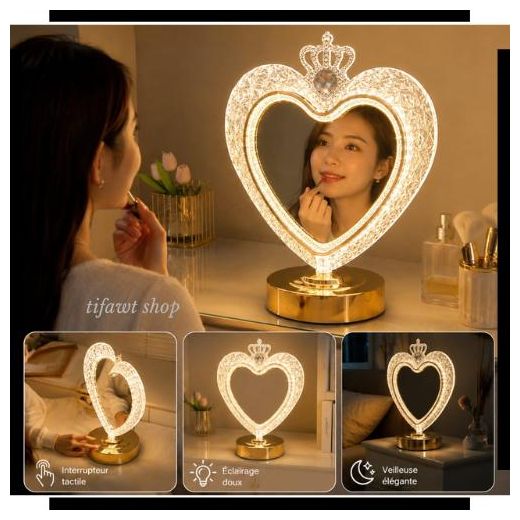 Generic Miroir LED Décoratif en Forme de Cœur avec Couronne – Lampe d'Ambiance Élégante pour Chambre et Coiffeuse
