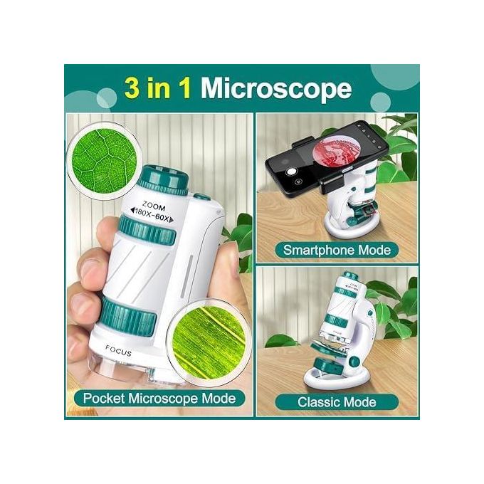 Microscope Enfant 60x-120x – LED – STEM – Portable – Connectivité Smartphone – Découverte Scientifique – Cadeau 6-12 Ans