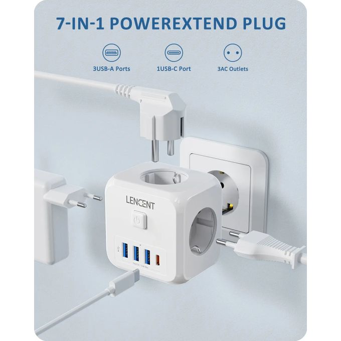 Prise USB, 3 prises avec 3 ports USB et 1 port Type-c, adaptateur de prise  7 en 1, adaptateur de prise murale (blanc)