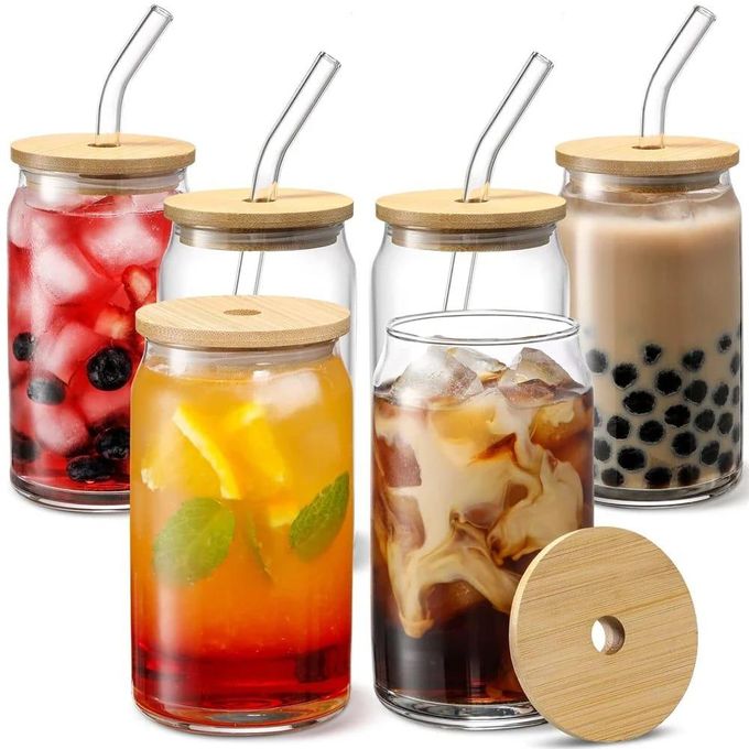 Verre à Cocktail En Forme De Cannette - 480 Ml Avec Couvercle Bambou Et Paille Verre - Style Bohème Chic