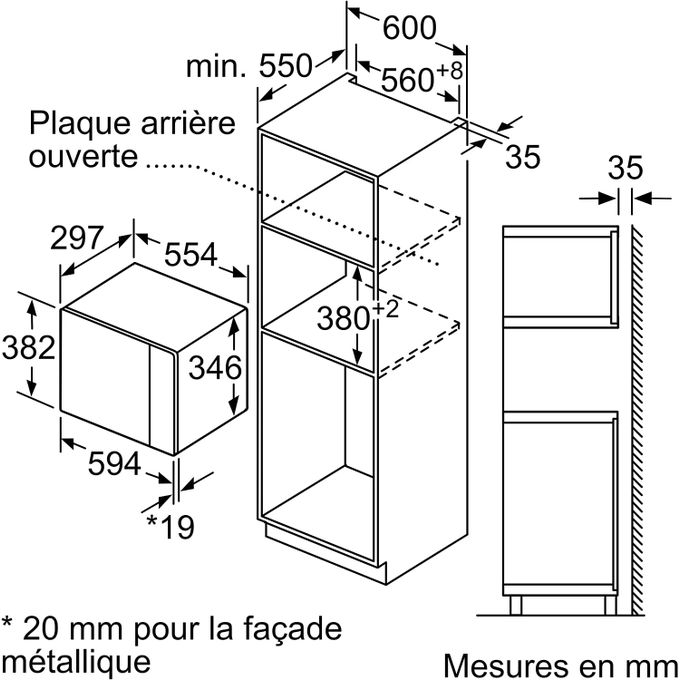 Bosch micro-ondes 60x38cm encastrable en verre Noir en Acier inoxydable -  20L à prix pas cher