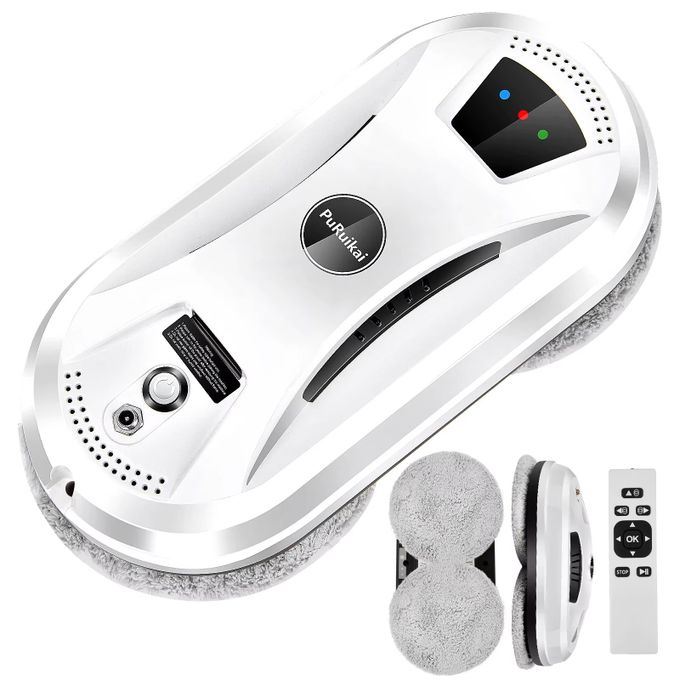 AOQUFUL Robot Laveur de Vitre Intelligent - Nettoyeur de Vitres Électrique avec Double Pulvérisation d'eau, Télécommande & Contrôle Via Application, pour Fenêtres Intérieures & Extérieures, Blanc