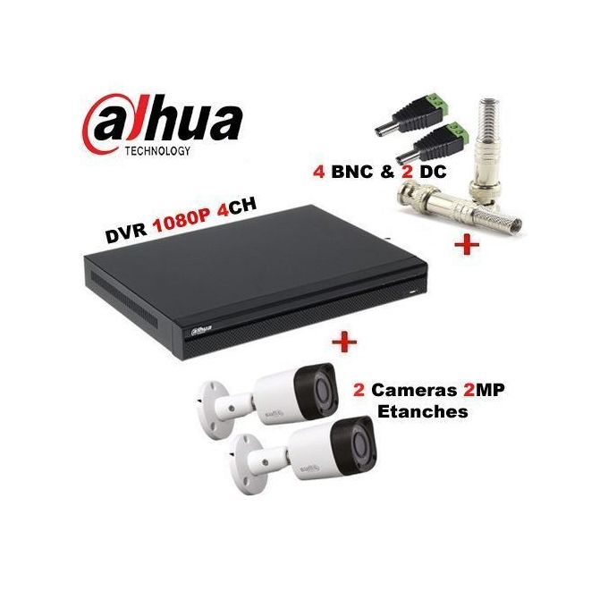 Dahua Pack 2 Caméra de surveillance 2MP + DVR 4 + Fiches