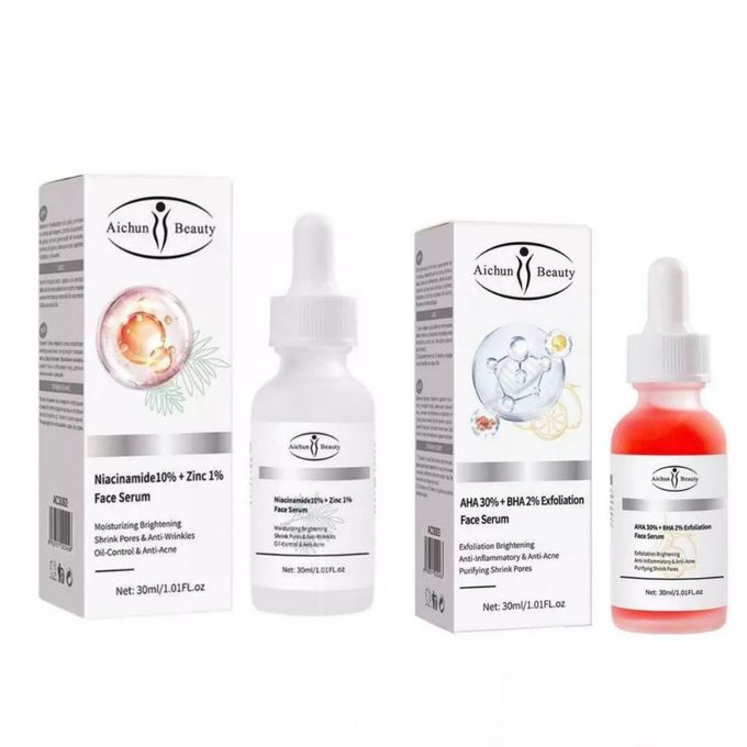 Aichun Beauty Pack 2 Sérums pour visage Exfoliant AHA 30% Et BHA 2% & Sérum Niacinamide 10% et Zinc 1%