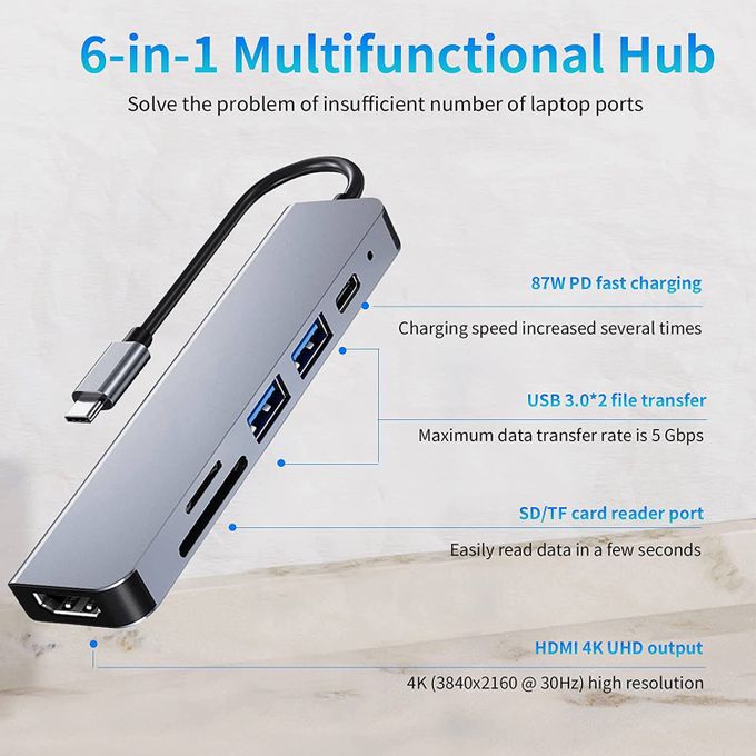 Adaptateur Hub USB-C 6en1 HDMI 4K USB 3.0 lecteur de carte SD-TF