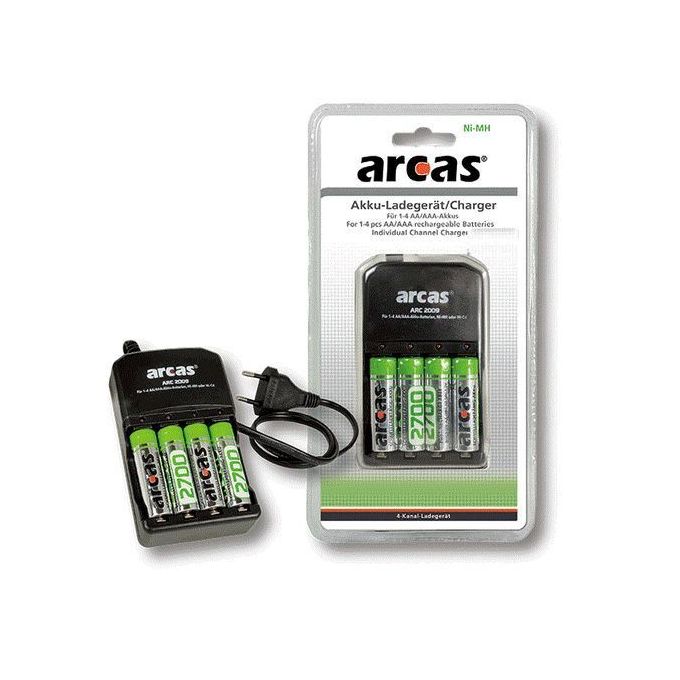 4 piles AA Arcas 2700 mAh et Chargeur à 4 led pour charger des piles AA ou  AAA