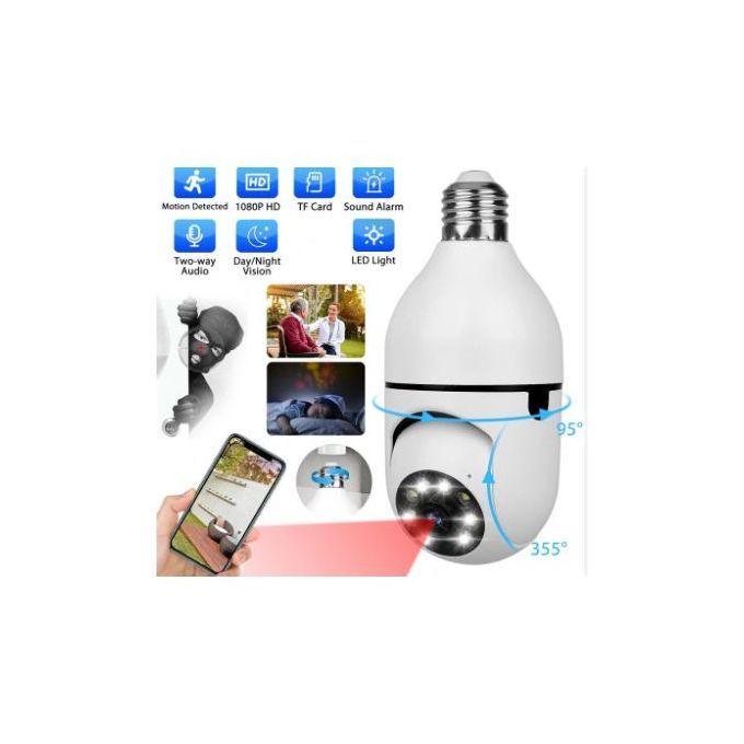 Caméra sécurité ampoule 1080P 360 degrés Panoramique Caméra WiFi sans fil vision nocturne