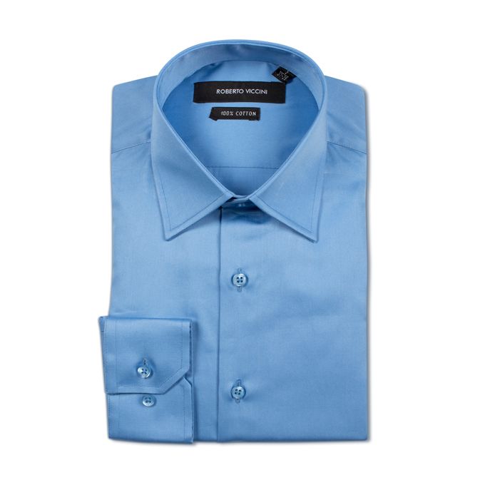 Viccini Chemise de Luxe Unie en Satin de Coton (Regular Fit) - Ciel foncé