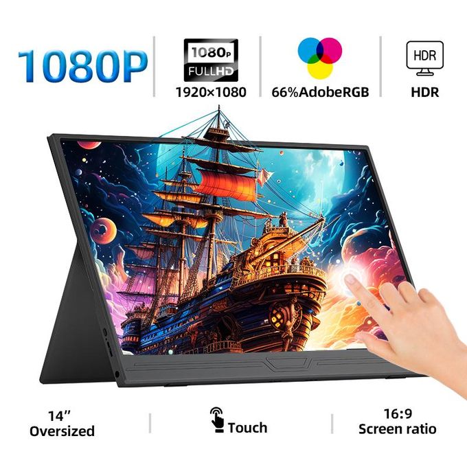 Moniteur de jeu portable à écran tactile 14, 1920 x 1200 FHD avec étui en cuir HDR, fin, protection des yeux, haut-parleurs intégrés, deuxième écran externe pour ordinateur portable, PC, PS5, Mac