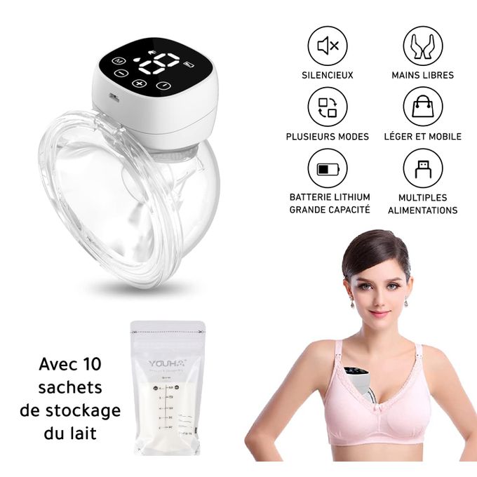 Tire-lait Électrique Portable, Mains Libres, Silencieux et Confortable +10 Sacs de stockage du lait