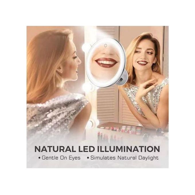 Miroir LED de maquillage, grossissant 10x 14 LED, col de cygne 360°, ventouse, miroir pliable flexible blanc/argenté Label - Electroménager